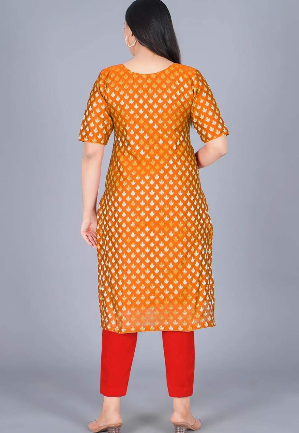 Woven Chanderi Silk Jacquard Pakistani Suit in Orange