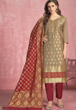 Woven Chanderi Silk Jacquard Pakistani Suit in Beige