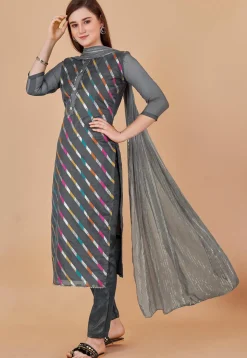 Woven Chanderi Silk Jacquard Pakistani Suit in Grey
