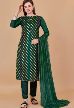 Woven Chanderi Silk Jacquard Pakistani Suit in Dark Green