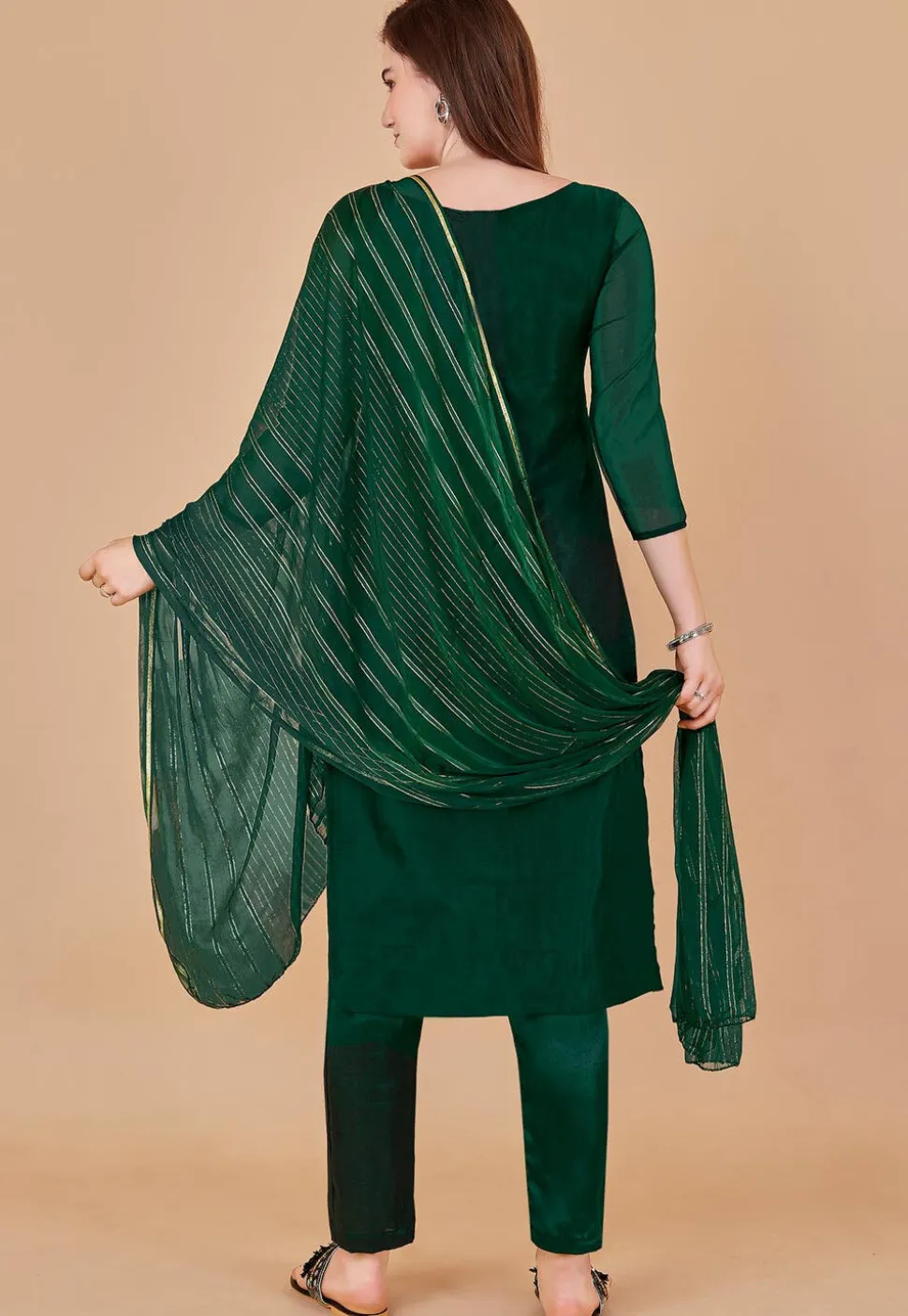 Woven Chanderi Silk Jacquard Pakistani Suit in Dark Green