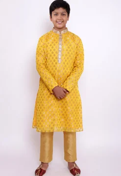 Woven Chanderi Silk Jacquard Kurta Set in Yellow