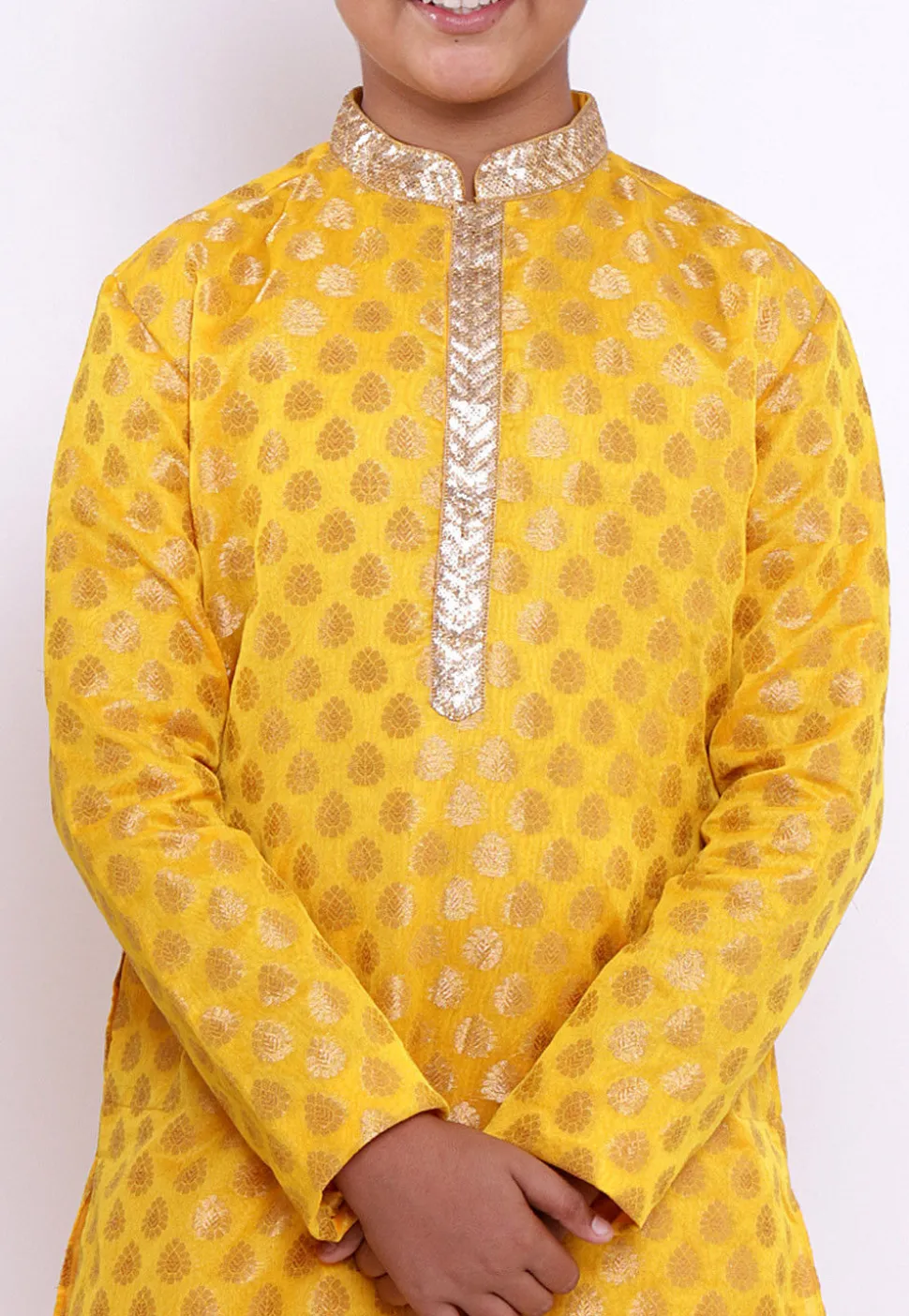 Woven Chanderi Silk Jacquard Kurta Set in Yellow