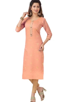Woven Chanderi Silk Jacquard Straight Kurta in Peach