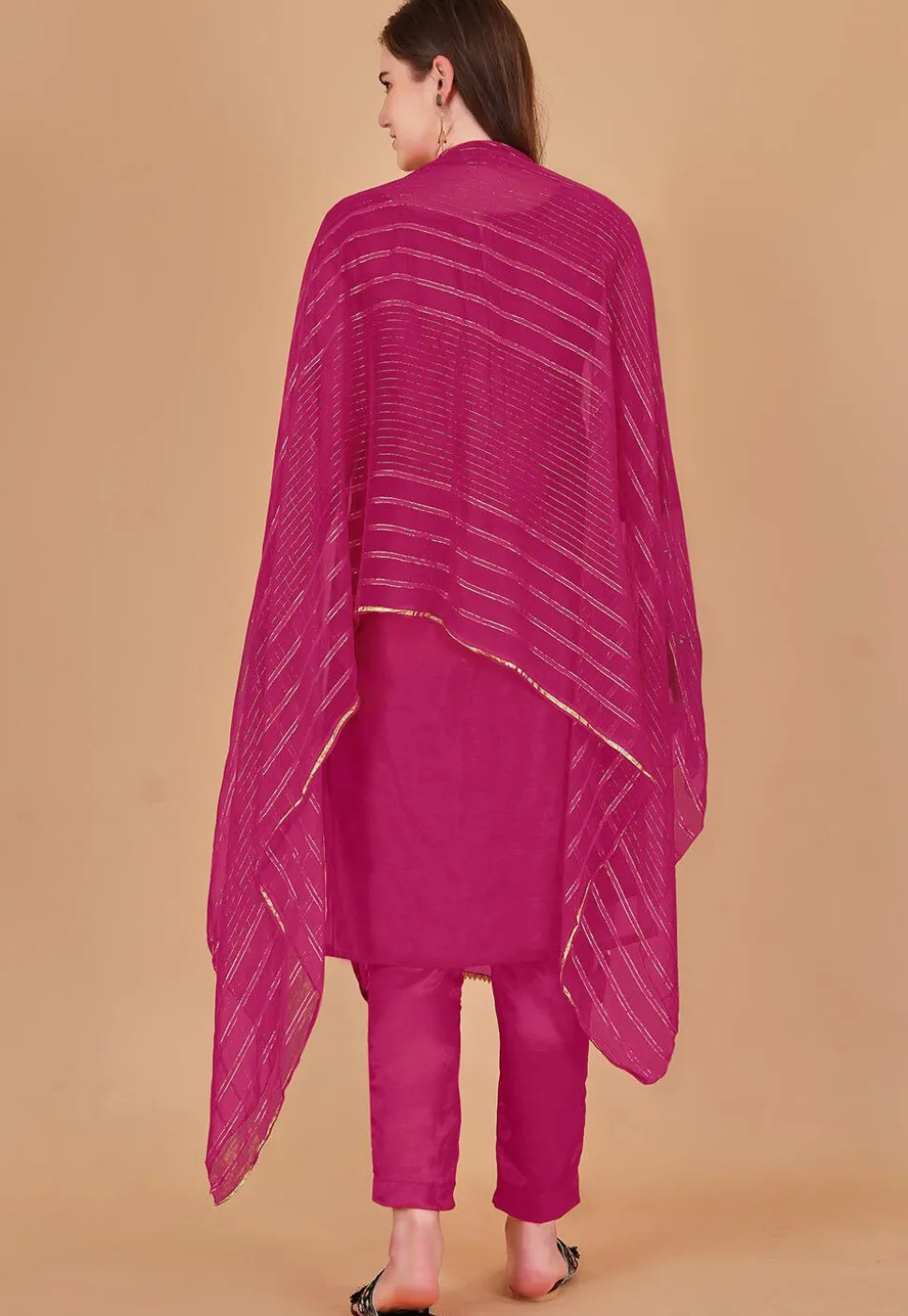 Woven Chanderi Silk Jacquard Pakistani Suit in Fuchsia