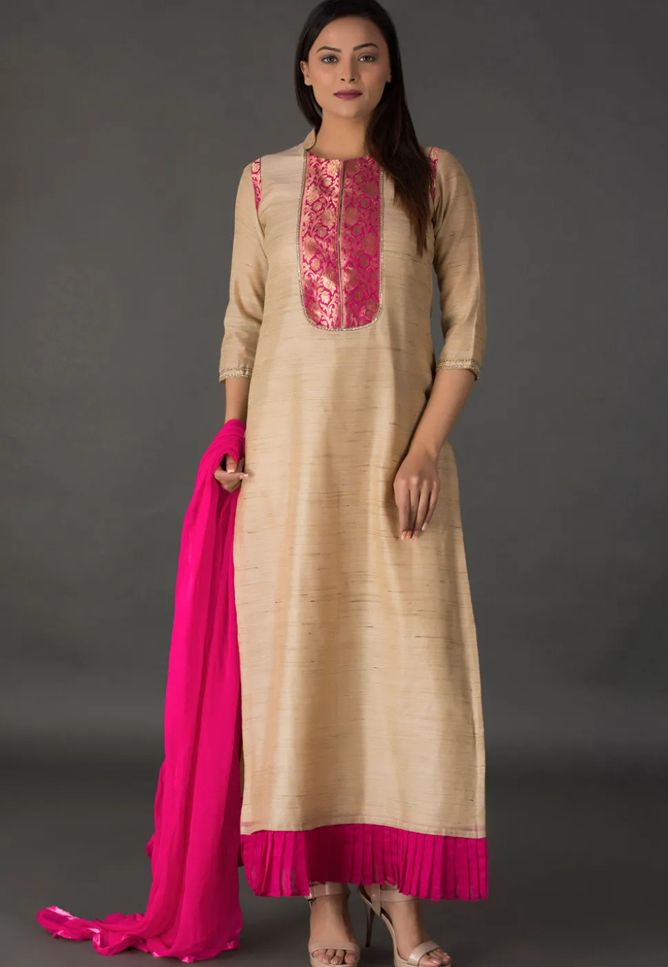Woven Chanderi Silk Jacquard Straight Suit in Beige