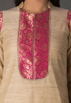 Woven Chanderi Silk Jacquard Straight Suit in Beige