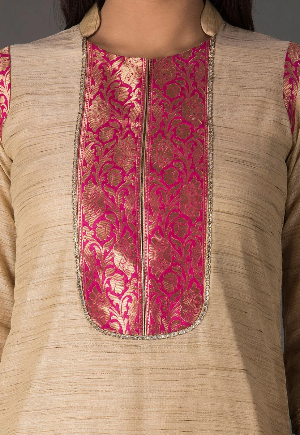 Woven Chanderi Silk Jacquard Straight Suit in Beige
