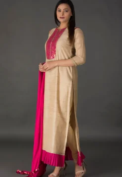 Woven Chanderi Silk Jacquard Straight Suit in Beige
