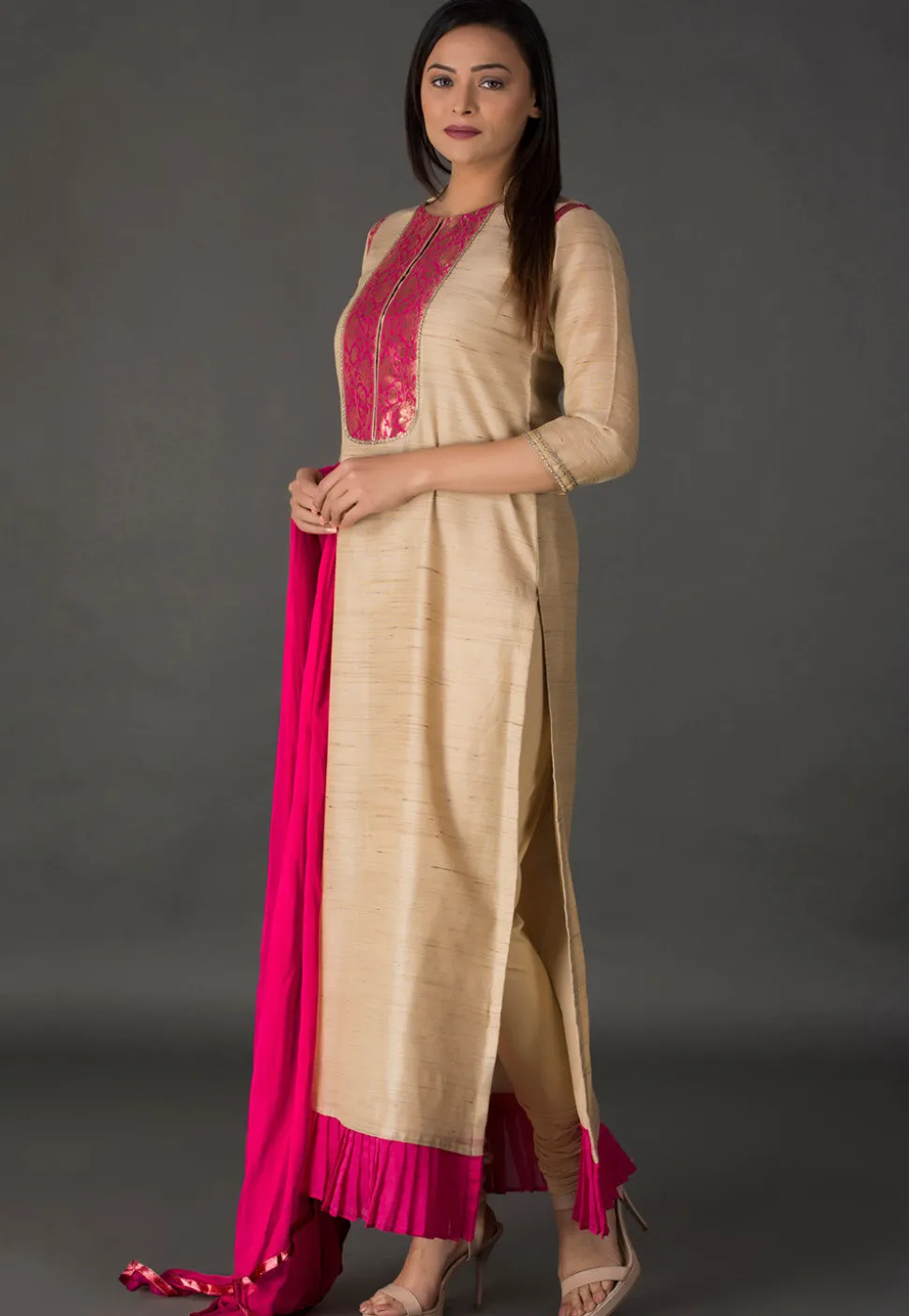 Woven Chanderi Silk Jacquard Straight Suit in Beige