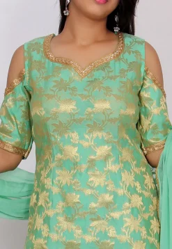 Woven Chanderi Silk Jacquard Pakistani Suit in Sea Green