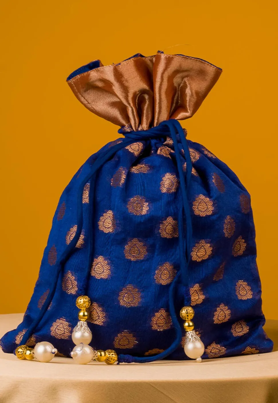 Woven Chanderi Silk Jacquard Potli Bag in Royal Blue