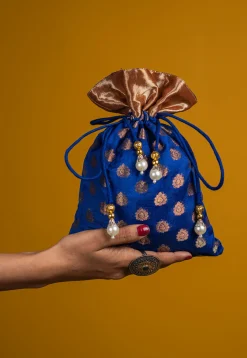 Woven Chanderi Silk Jacquard Potli Bag in Royal Blue