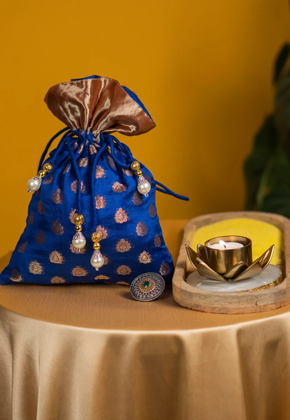 Woven Chanderi Silk Jacquard Potli Bag in Royal Blue