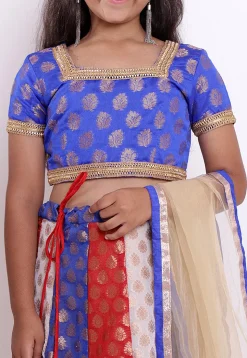 Woven Chanderi Silk Jacquard Lehenga in Multicolor and Royal Blue