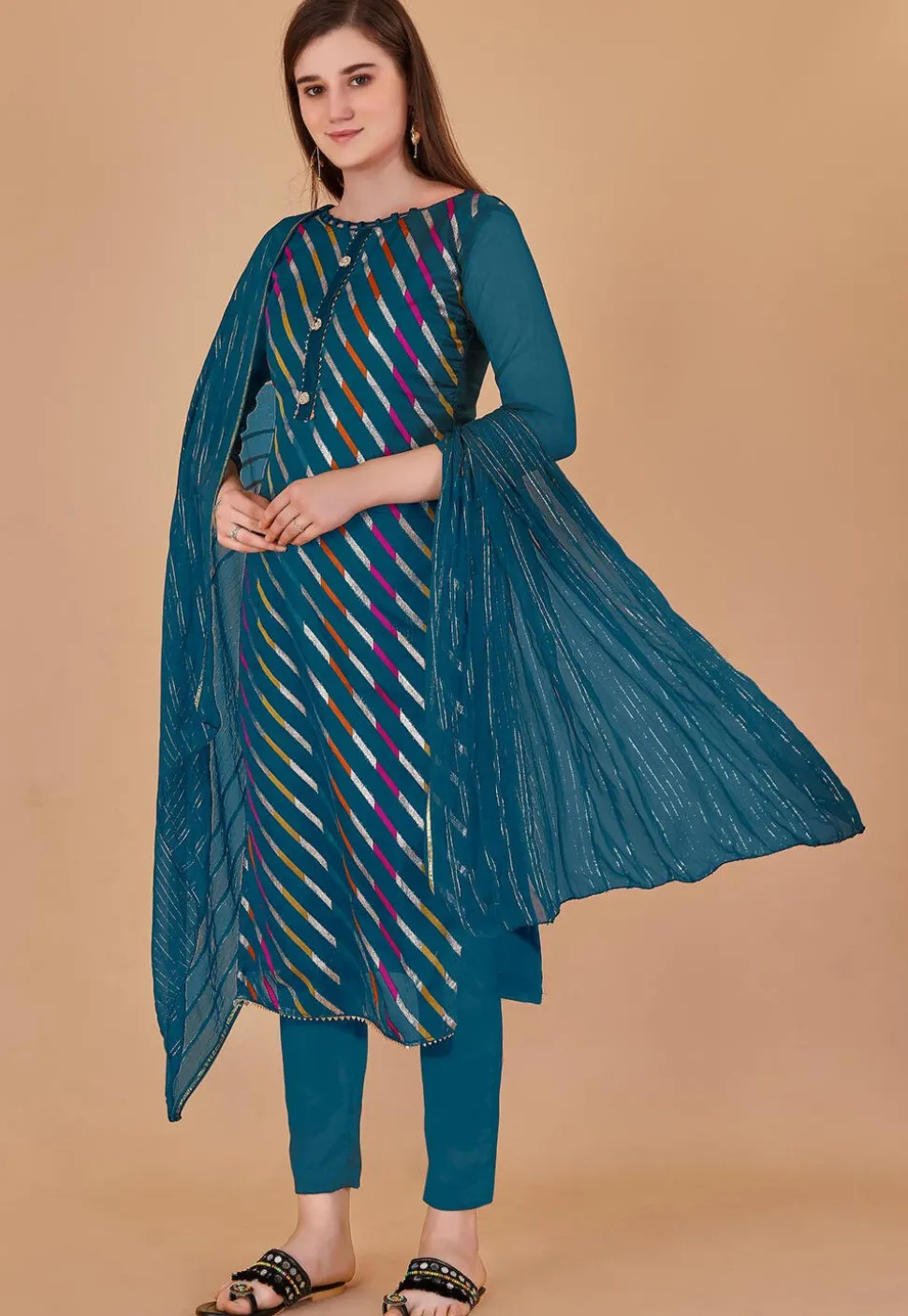 Woven Chanderi Silk Jacquard Pakistani Suit in Teal Blue