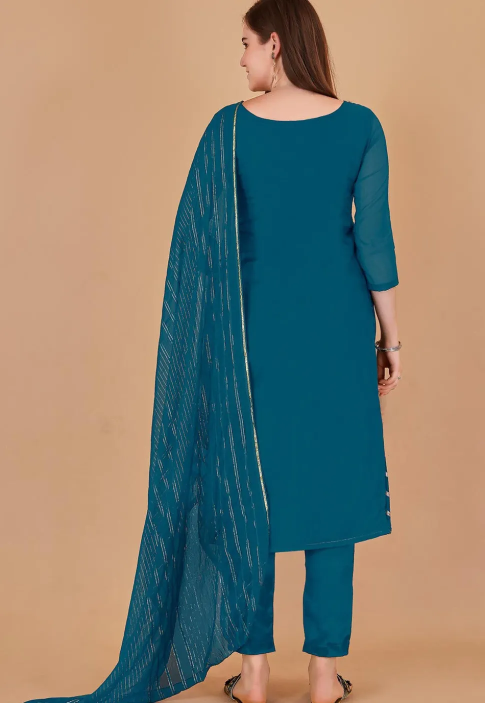 Woven Chanderi Silk Jacquard Pakistani Suit in Teal Blue