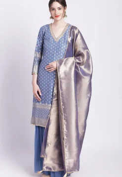 Woven Chanderi Silk Jacquard Pakistani Suit in Dusty Blue