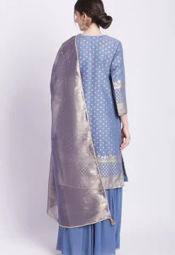 Woven Chanderi Silk Jacquard Pakistani Suit in Dusty Blue