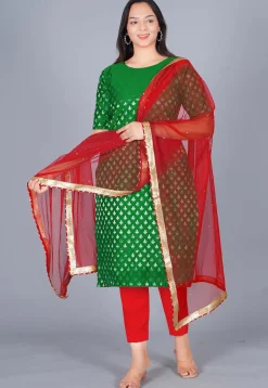 Woven Chanderi Silk Jacquard Pakistani Suit in Dark Green