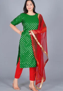 Woven Chanderi Silk Jacquard Pakistani Suit in Dark Green