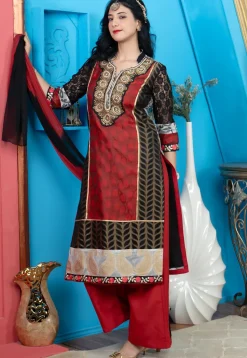 Woven Chanderi Silk Jacquard Pakistani Suit in Maroon