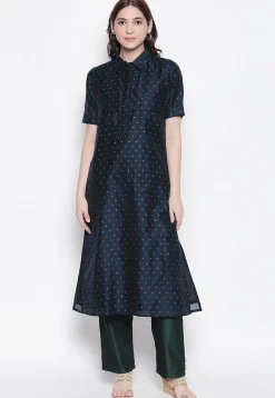 Woven Chanderi Silk Jacquard Straight Kurta in Navy Blue