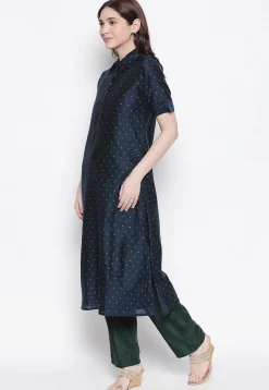 Woven Chanderi Silk Jacquard Straight Kurta in Navy Blue