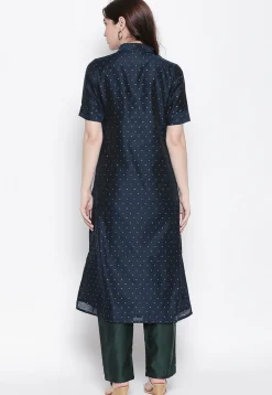 Woven Chanderi Silk Jacquard Straight Kurta in Navy Blue