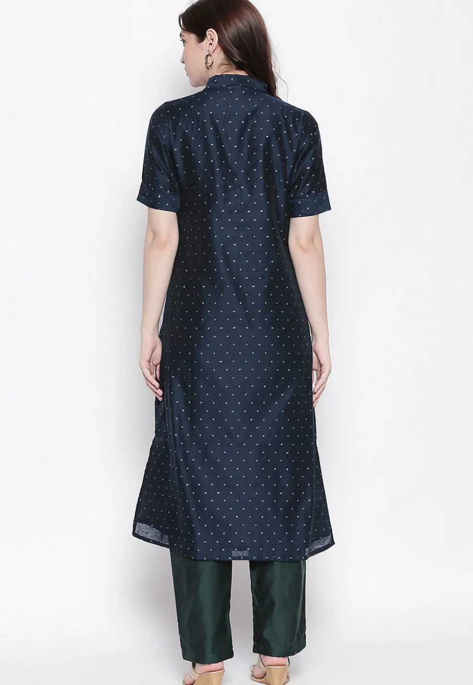 Woven Chanderi Silk Jacquard Straight Kurta in Navy Blue