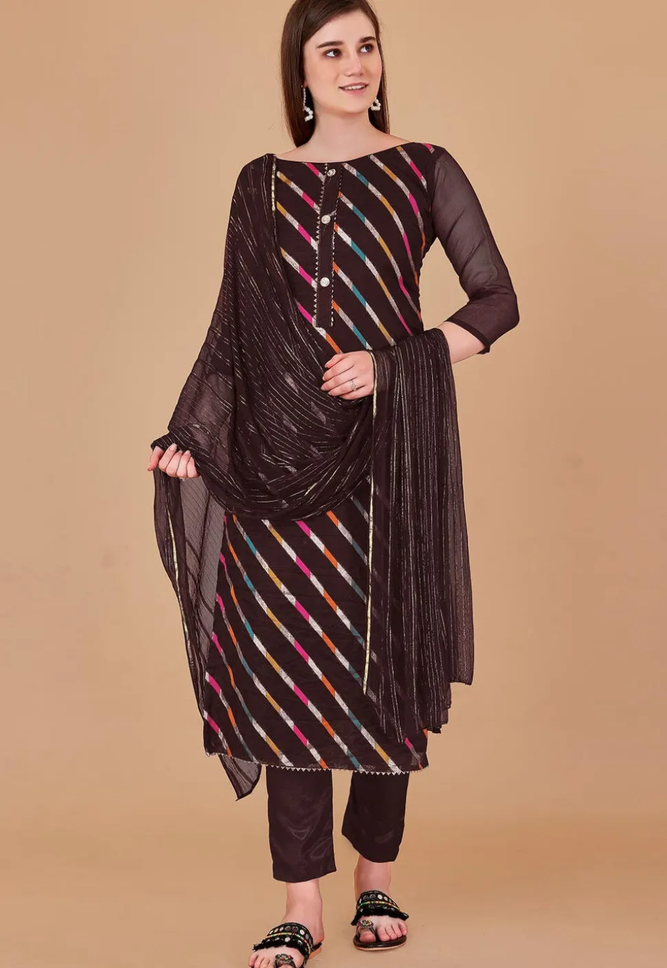 Woven Chanderi Silk Jacquard Pakistani Suit in Brown