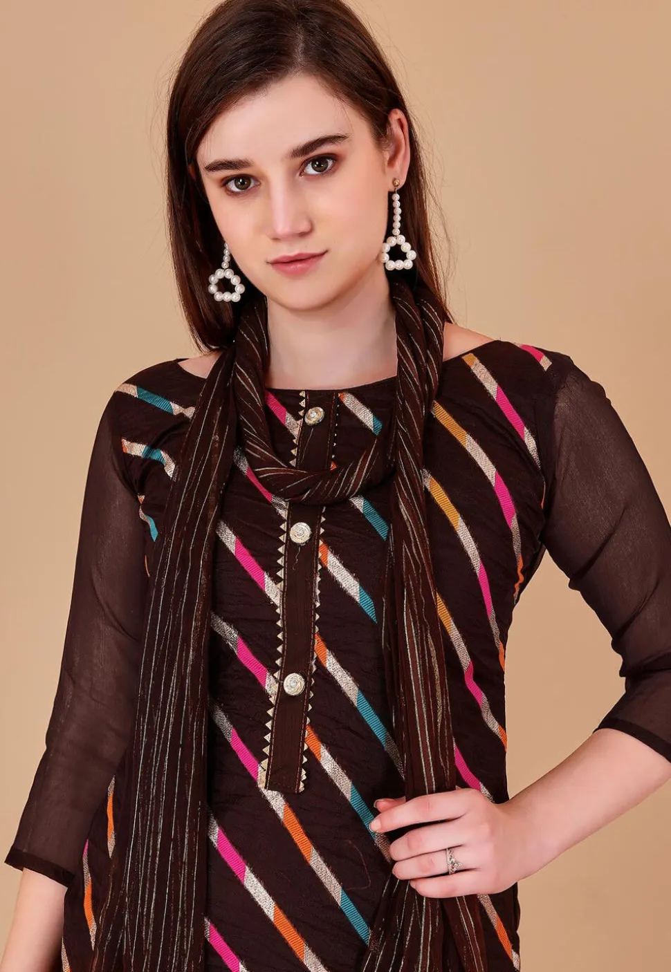 Woven Chanderi Silk Jacquard Pakistani Suit in Brown