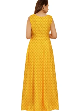 Woven Chanderi Silk Jacquard Flared Gown in Yellow