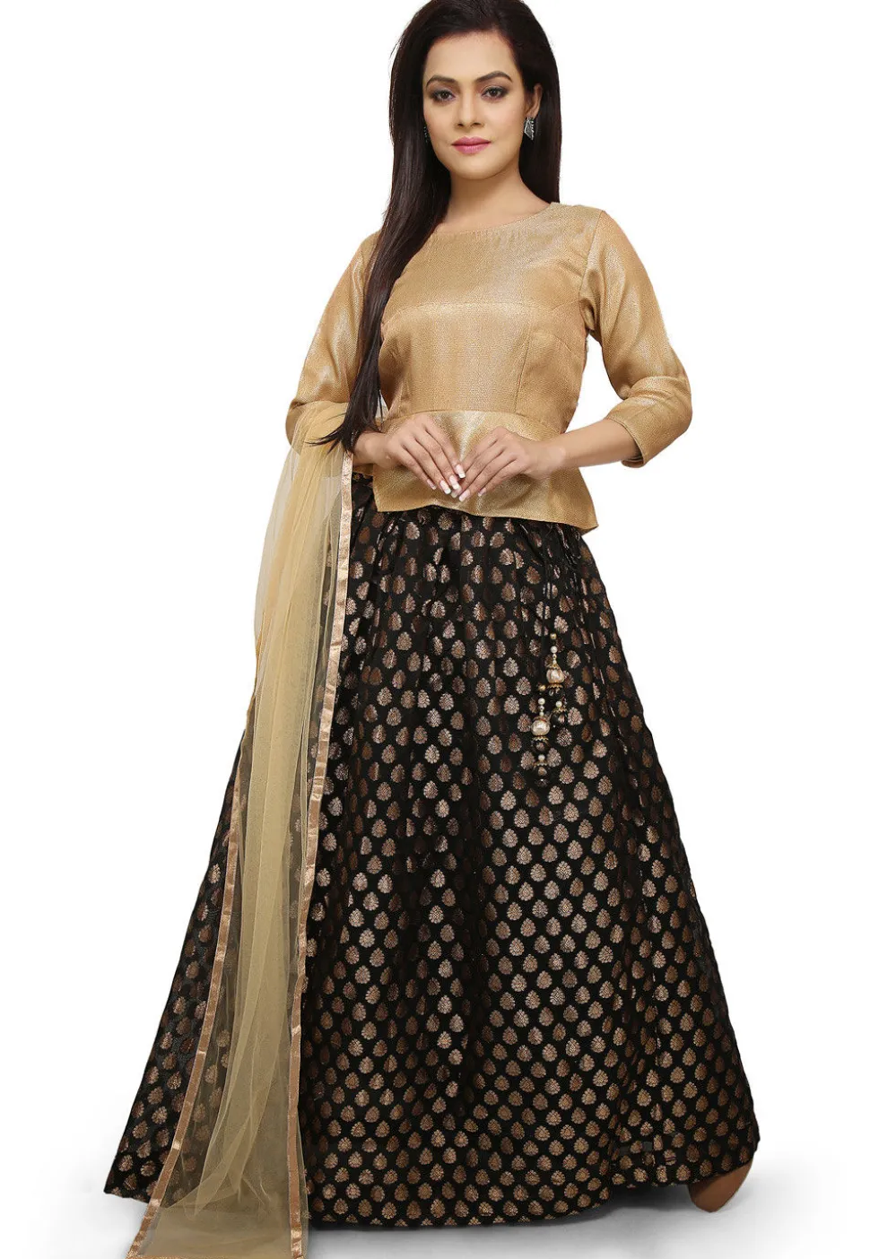 Woven Chanderi Silk Jacquard Lehenga in Black
