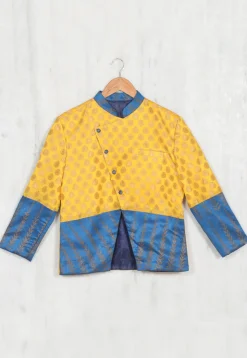 Woven Chanderi Silk Kids Jacket in Yellow and Teal Blue