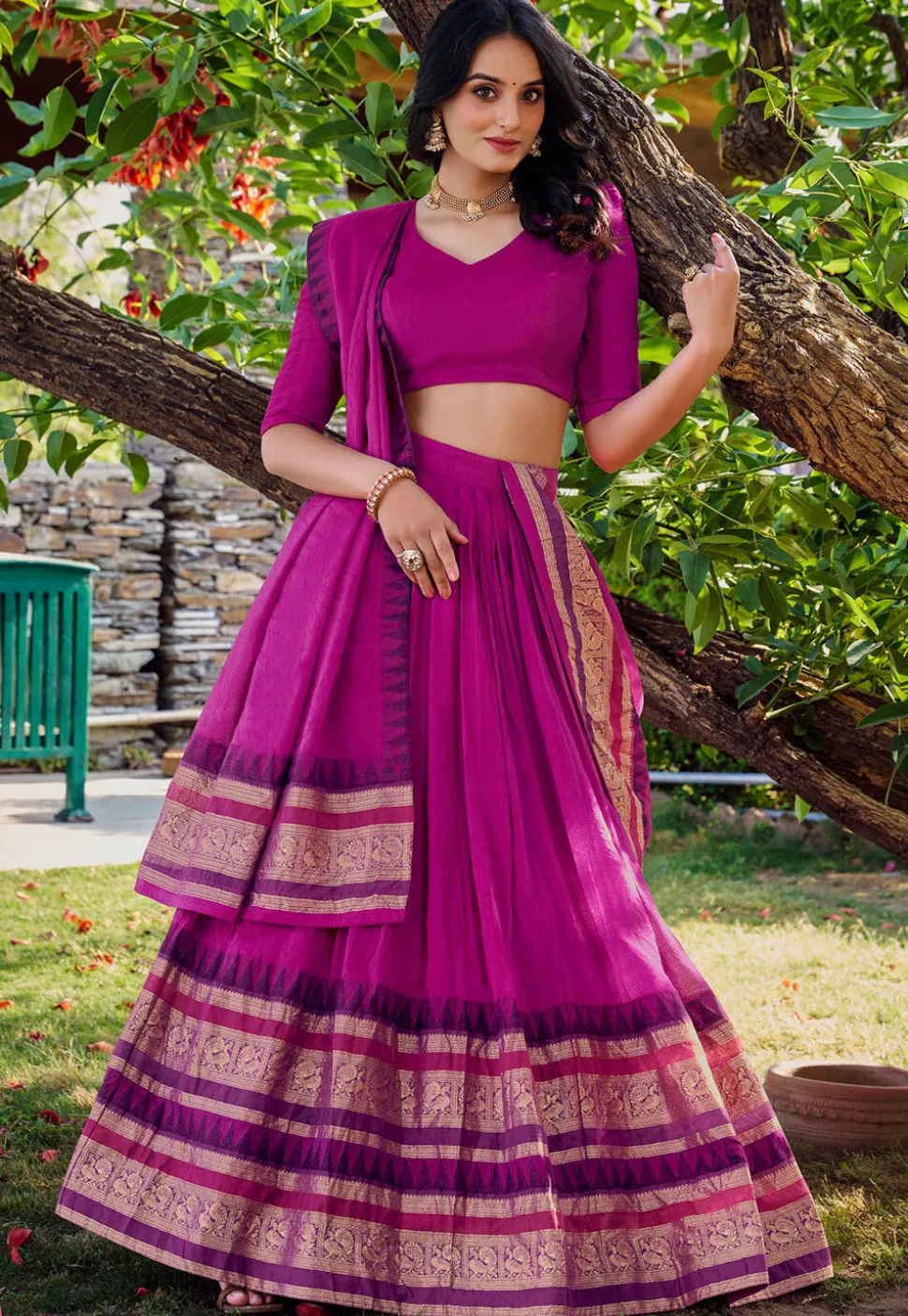 Woven Chanderi Silk Lehenga in Pink