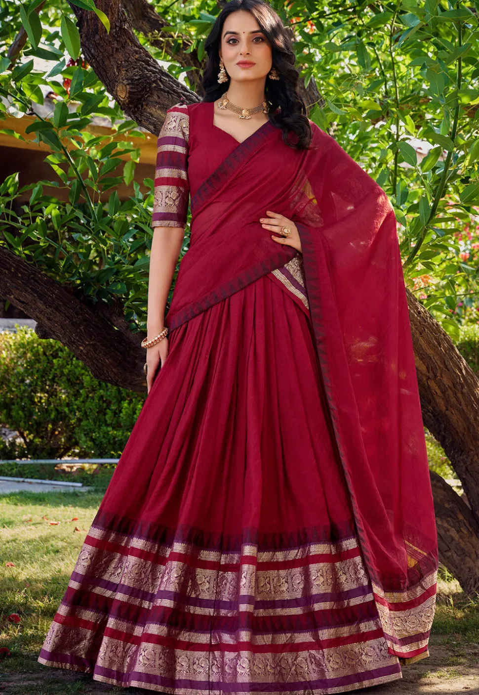 Woven Chanderi Silk Lehenga in Red
