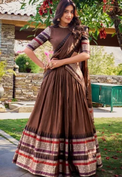 Woven Chanderi Silk Lehenga in Brown
