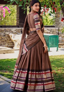 Woven Chanderi Silk Lehenga in Brown