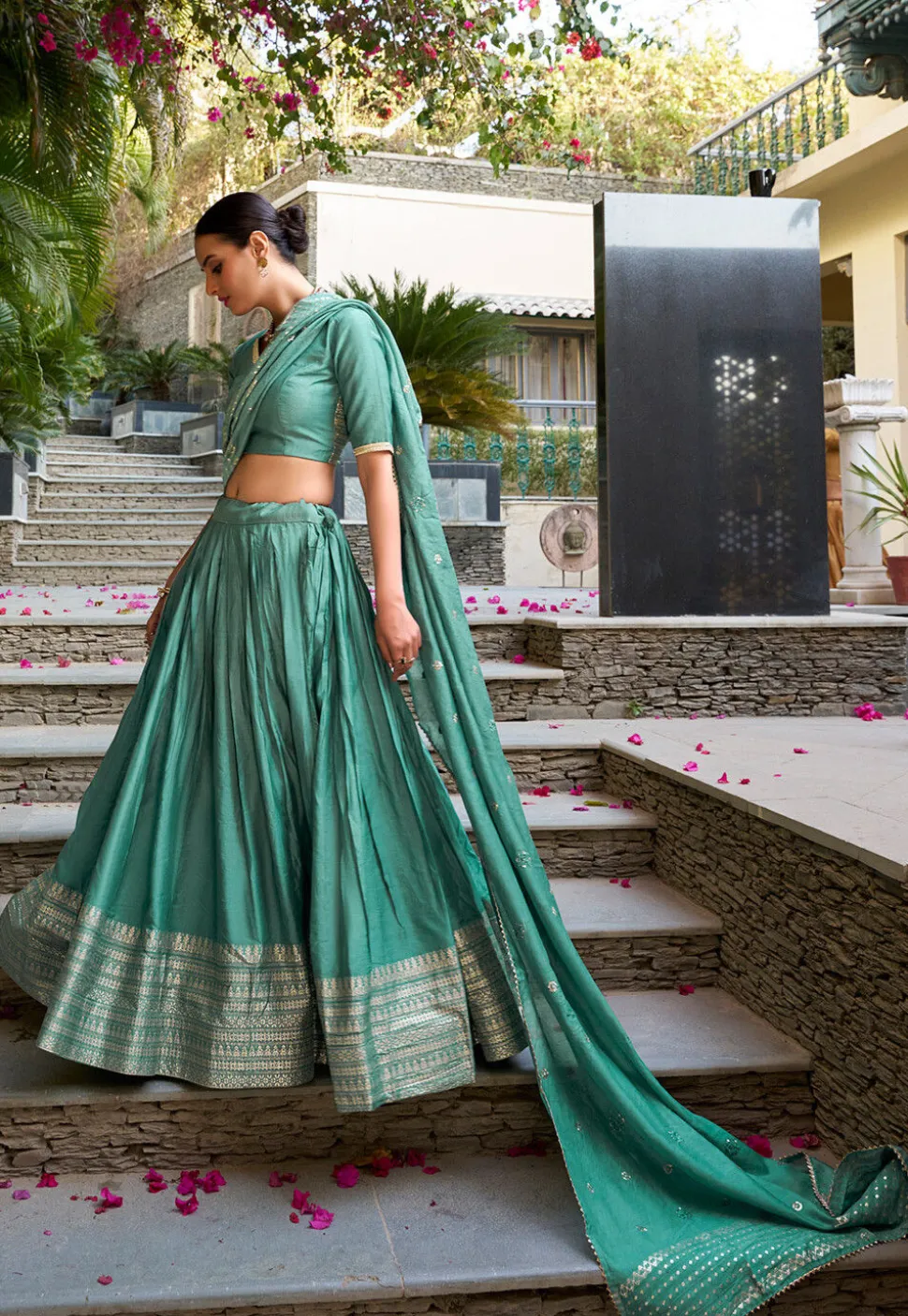 Woven Chanderi Silk Lehenga in Sea Green