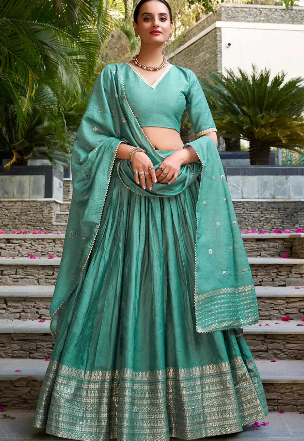 Woven Chanderi Silk Lehenga in Sea Green