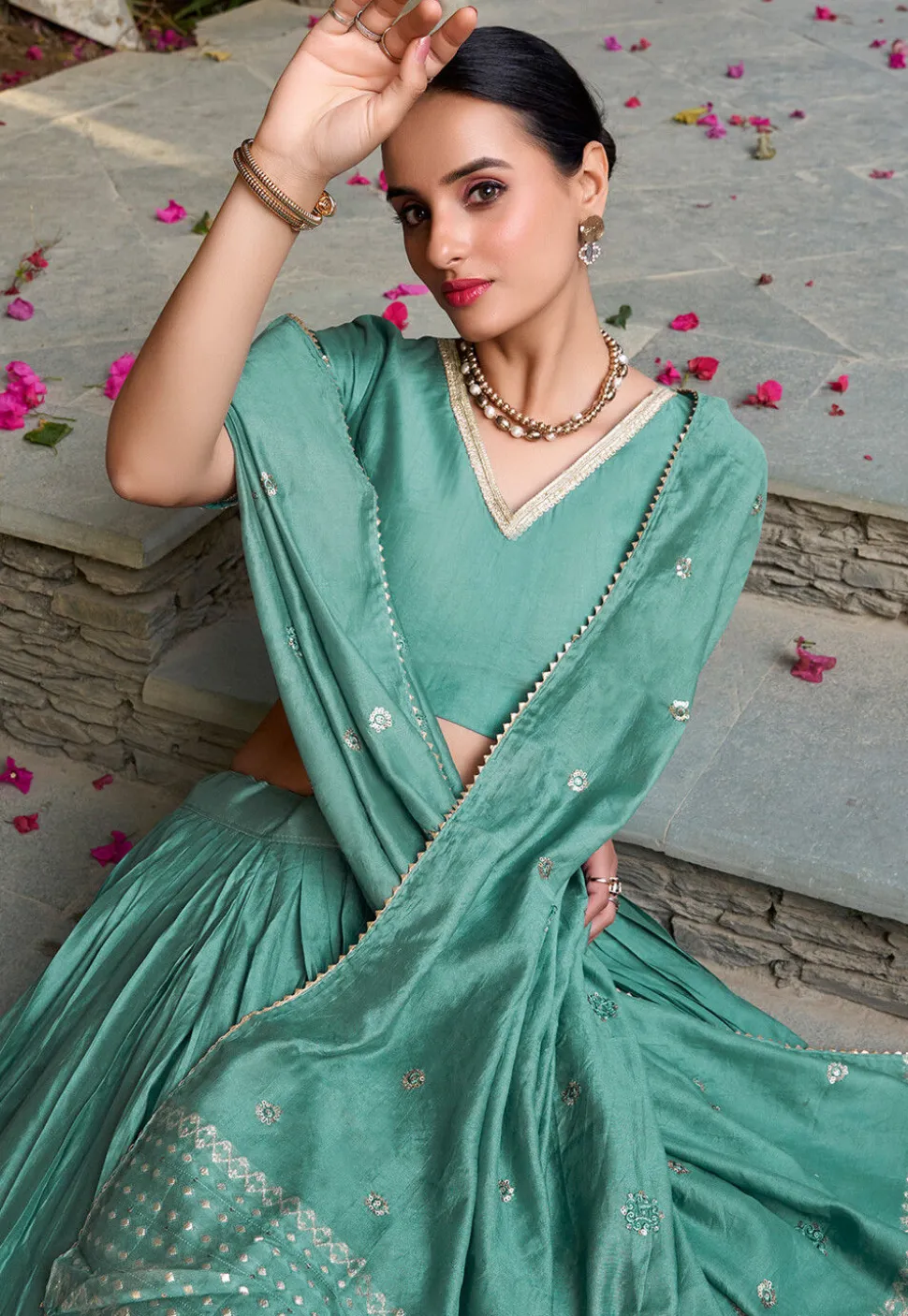 Woven Chanderi Silk Lehenga in Sea Green