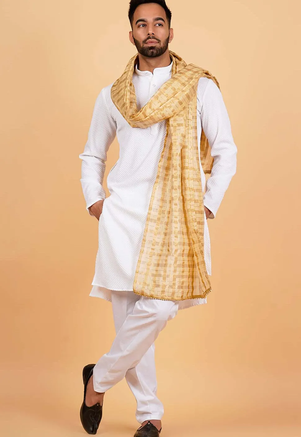 Woven Chanderi Silk Men Dupatta in Beige