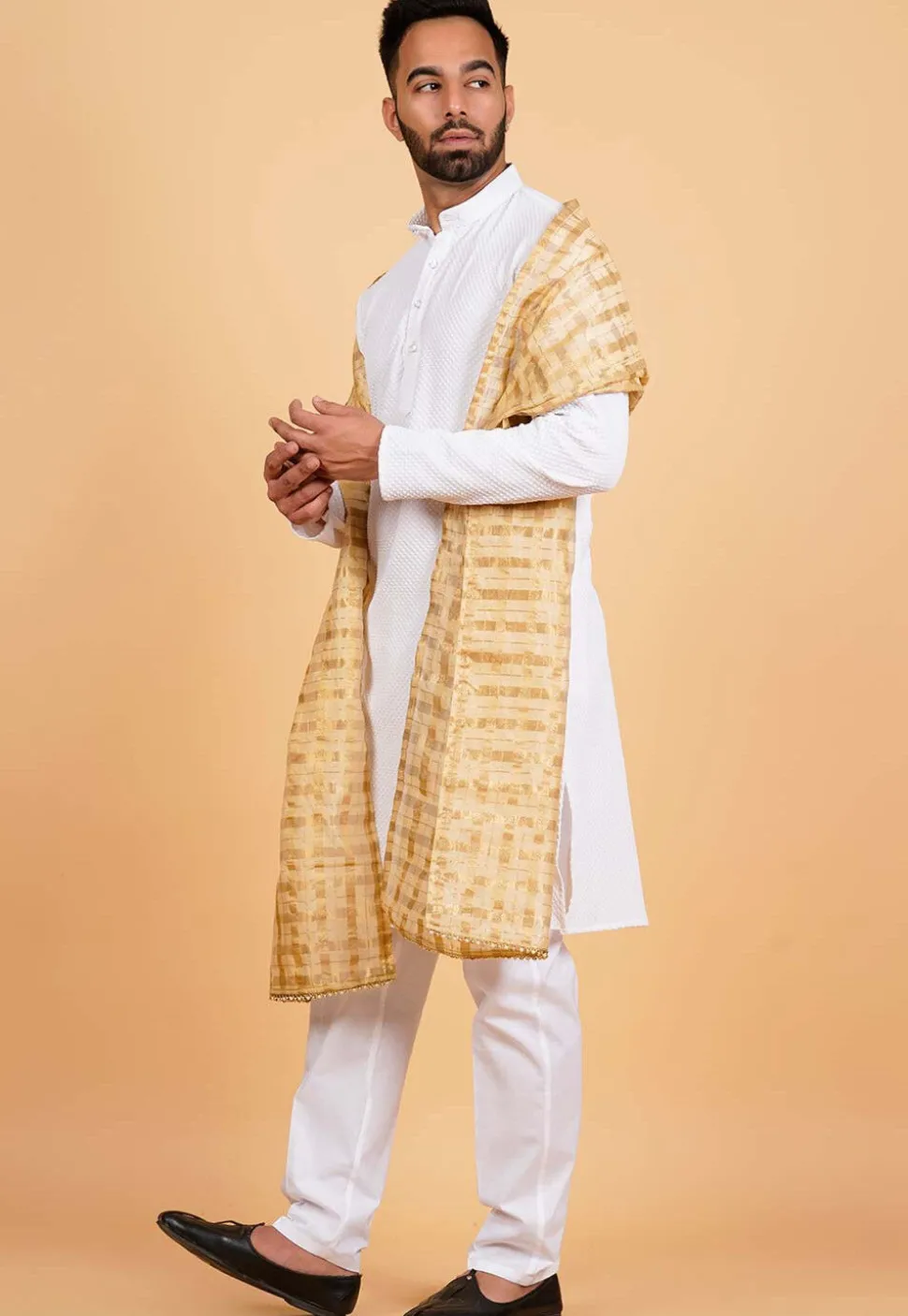 Woven Chanderi Silk Men Dupatta in Beige
