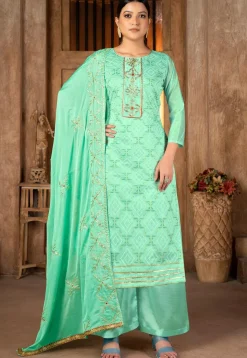 Woven Chanderi Silk Pakistani Suit in Sea Green