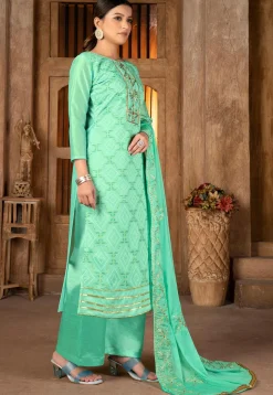 Woven Chanderi Silk Pakistani Suit in Sea Green