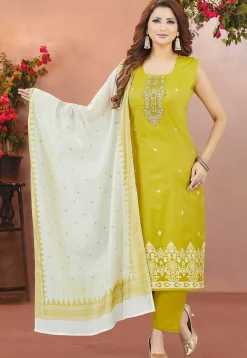 Woven Chanderi Silk Pakistani Suit in Light Olive Green