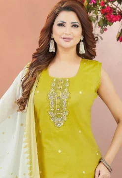 Woven Chanderi Silk Pakistani Suit in Light Olive Green