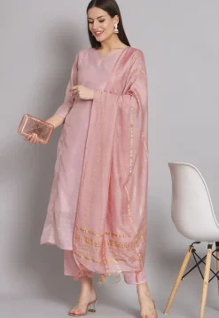 Woven Chanderi Silk Pakistani Suit in Pink
