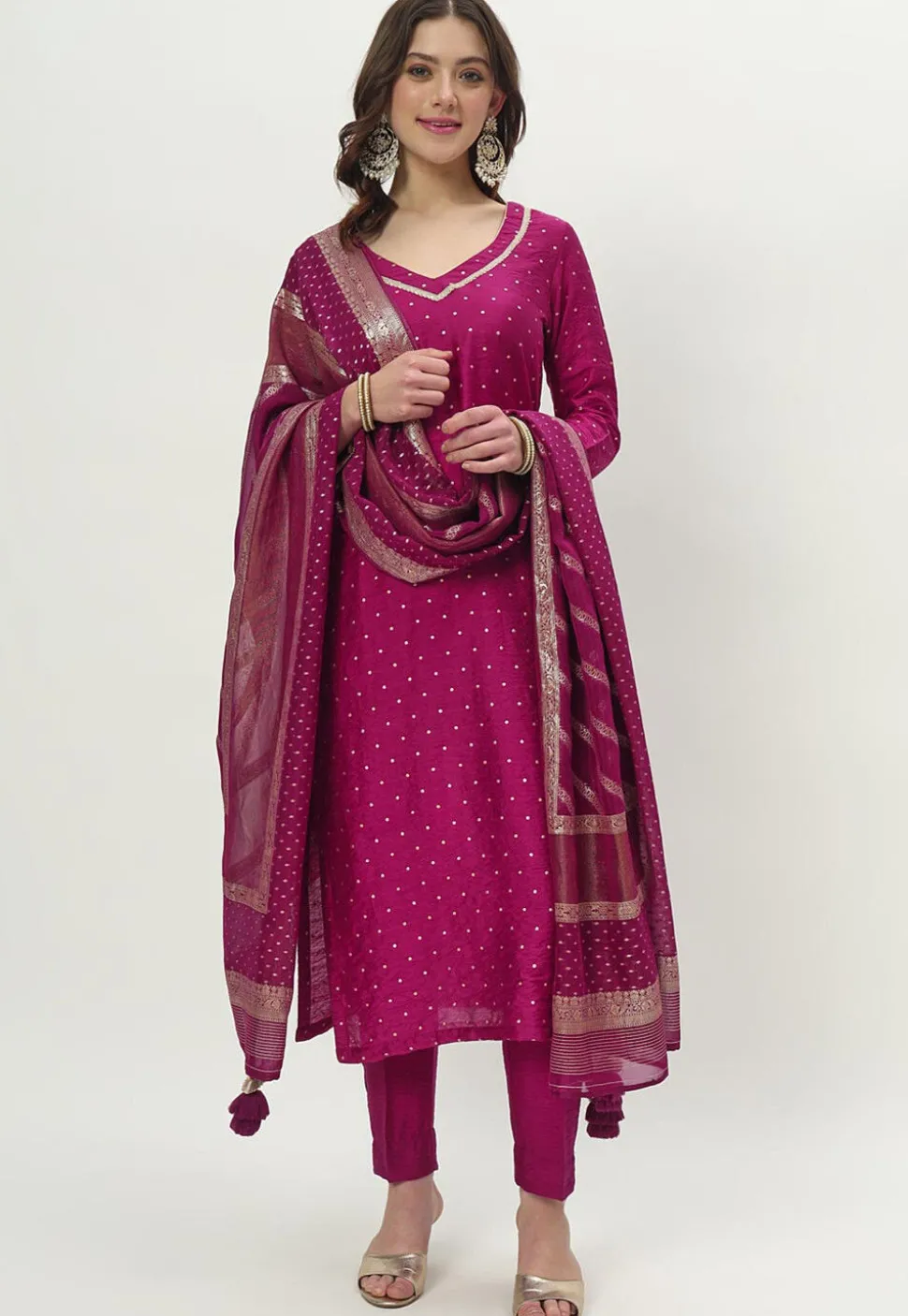 Woven Chanderi Silk Pakistani Suit in Magenta